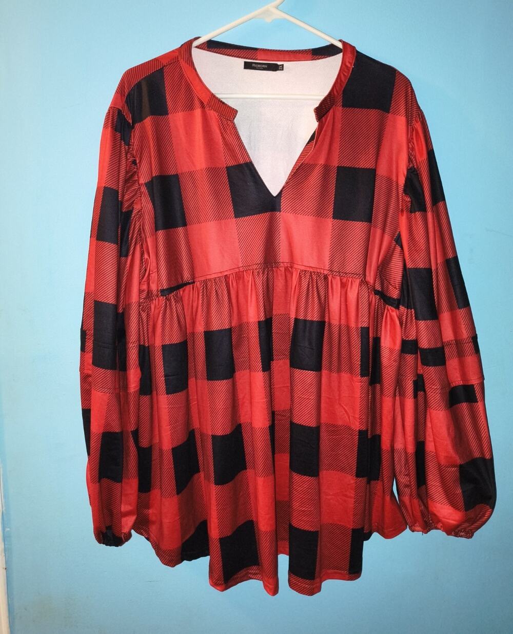 Reborn 2XL Red Black Plaid Flannel V-Neck Long Sleeve Tunic Blouse Ruffle